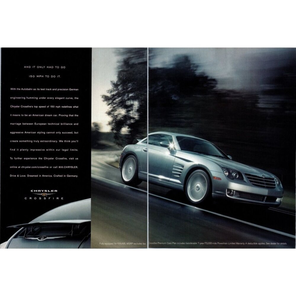 2004 Chrysler Crossfire Roadster 2 Page Vintage Print Ad Man Cave Wall Art
